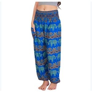 Harem Hippie Yoga elephant paisley print smocked waist cotton blue pants XS